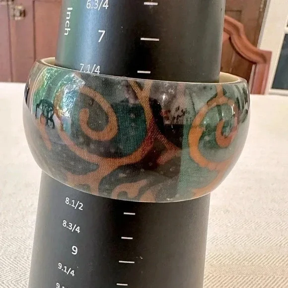 Lucite Acrylic Bangle Bracelet Brown & Turquoise Bohemian Swirls - Picture 8 of 10